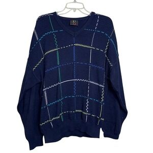 Vintage Baffo Navy Knit Sweater Large L Grandpa Core Retro Abstract Geometric